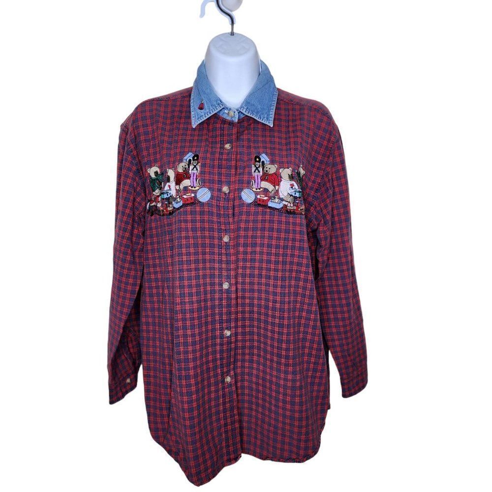 Vintage 90s Christmas Button Up Shirt Womens Size M Red Plaid Teddy Bears Denim